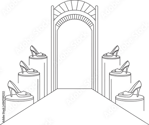 Fashion runway backdrop with high heels on pedestals, archway entrance, elegant illustration
