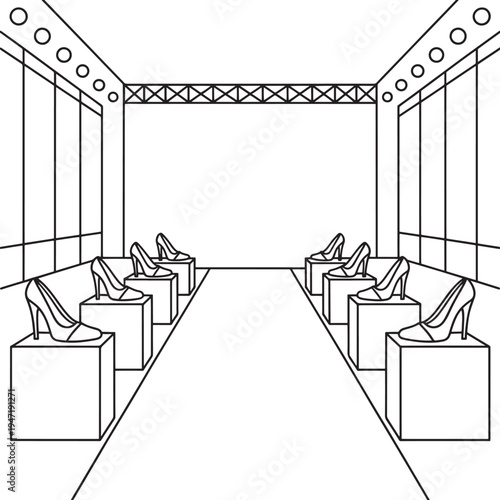 Fashion runway backdrop with high heels on pedestals, empty catwalk