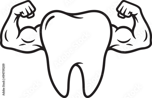 A stylized black and white of a human tooth flexing muscular arms on a white background also transparent background