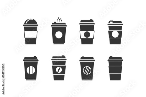 Silhouette of various coffee cups in different orientations and designs