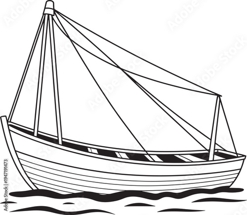 fishing boat sailing on calm water, line drawing, black and white