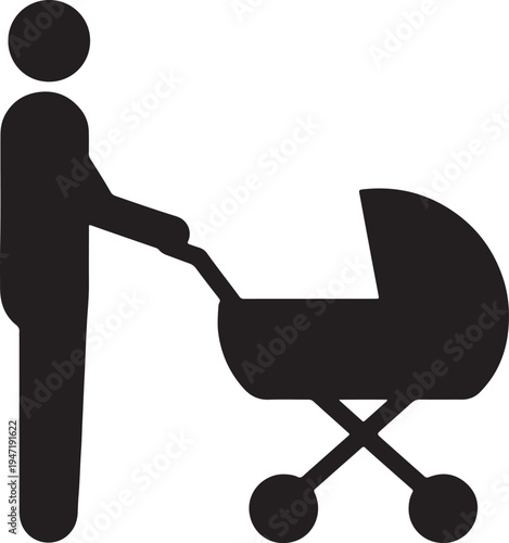 Black silhouette of a person pushing a baby stroller also transparent background