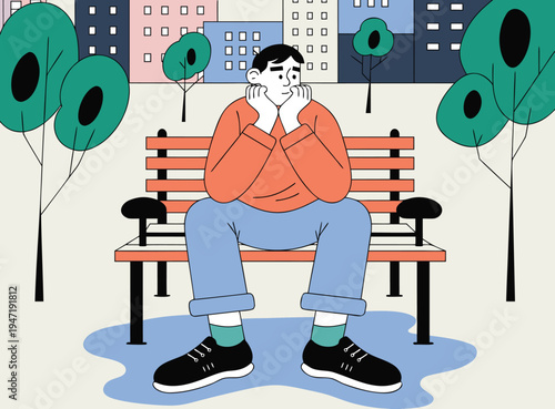 Thoughtful Man Sitting Alone on Park Bench in Urban Setting