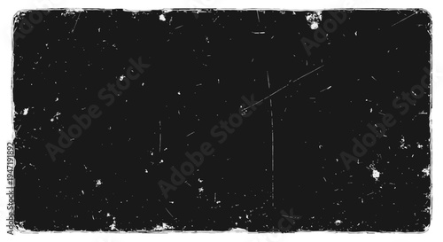 A grunge texture with scratches and splatters covers a black background in a rectangular shape with a white border
