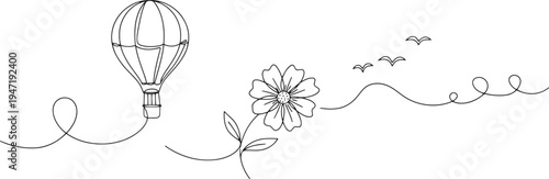 Line art drawing featuring a hot air balloon a delicate flower and birds in flight