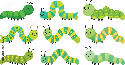 Cute Caterpillar Character Collection with Different Crawling Poses in Colorful Insect Cartoon Style for Kids Education, Nature Learning and Garden Designs.