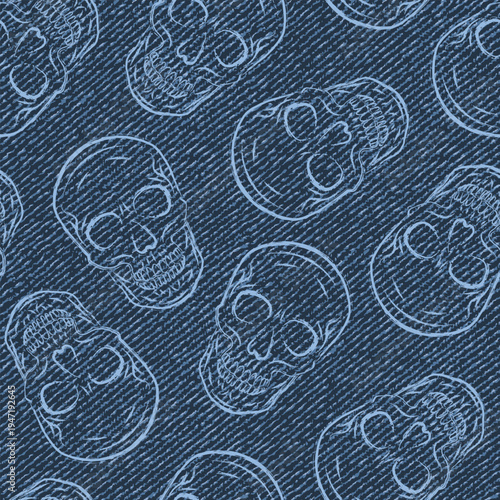 Seamless pattern with blue denim fabric, random scattered human skulls in outline style. Random composition. Grunge style. Print for apparel, textile design