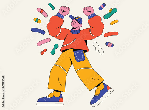 Energetic Person Celebrating with Colorful Capsules Illustration