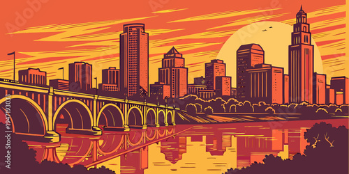 USA, US, U.S, United States - Minneapolis Skyline Sunset Panorama — Mississippi River Reflections and a Glowing Urban View Across the United States