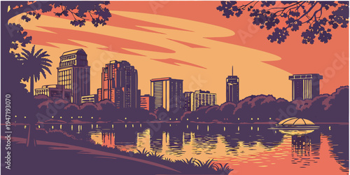 USA, US, U.S, United States - Orlando Skyline Sunset Panorama — Lakeside Reflections, City Lights, and a Stunning View of the United States