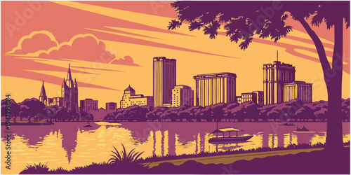 USA, US, U.S, United States - Orlando Skyline at Sunset — Stunning Lakeside Panorama with City Reflections Across the United States