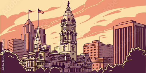 USA, US, U.S, United States - Philadelphia skyline sunset panorama historic and modern architecture blend
