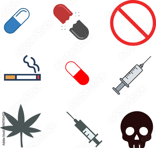 Drug abuse awareness flat icons including syringe and skull for medical healthcare education website