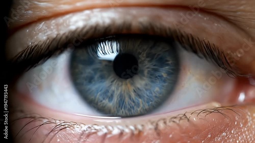 Blue human eye pupil dilating and contracting in extreme close up