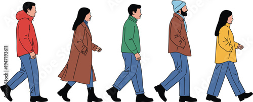 A stylized artistic representation of several people standing in a row against a vertical striped background Vector