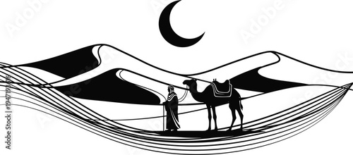 desert, camel, silhouette, nomad, moon, dunes, sahara, arabian, crescent, bedouin, vector, travel, minimalist, landscape, caravan