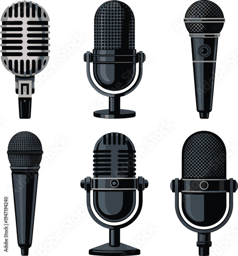Set of vintage and modern microphones on white background, audio equipment