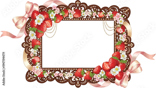 A beautifully decorated chocolate frame adorned with strawberries and flowers on a white background