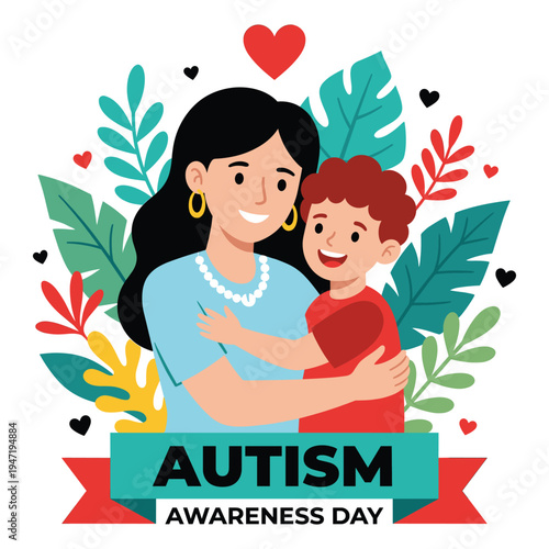 Autism awareness day card with mother hugging son and floral leaves