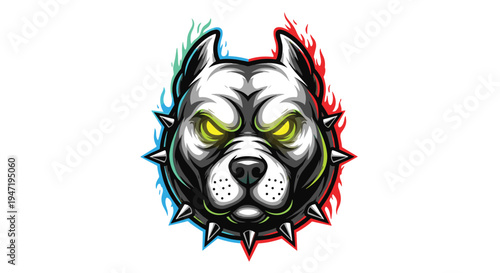 Aggressive pitbull head mascot illustration, featuring glowing yellow-green eyes, a spiked collar, and surrounded by striking dual-color flames.