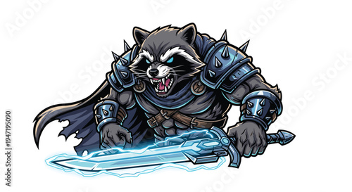 Aggressive raccoon warrior mascot illustration, portrayed in formidable armor, wielding a glowing blue lightning sword and a flowing cape.