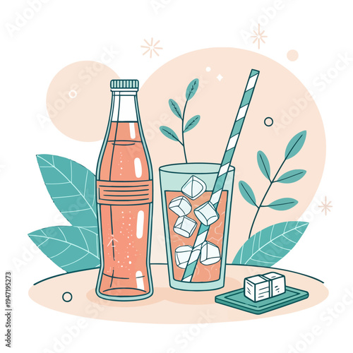 Refreshing glass of orange soda with ice cubes and a bottle of soda on a pastel background with plants