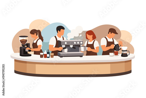 Baristas Preparing Coffee Drinks Behind Counter.