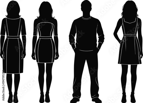 Abstract illustration featuring three human silhouettes obscured by a dense vertical line pattern Vector