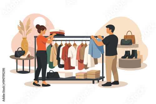 Man and Woman Shopping for Clothes Together.