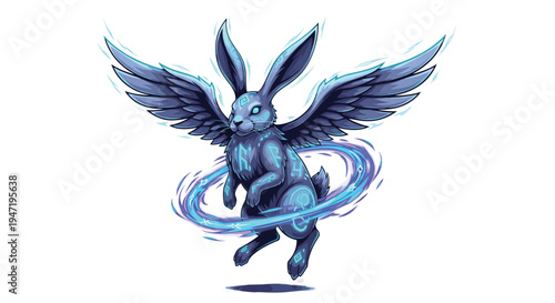 Mystical winged rabbit illustration, featuring blue glowing runes on its body and surrounded by a swirling magical aura, symbolizing enchantment.