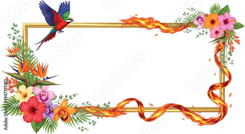 A vibrant floral frame with a hummingbird in flight, surrounded by colorful flowers and flames.