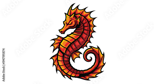 Dynamic illustration of a fiery red seahorse, featuring sharp, spiky fins and tail, glowing with intense heat, depicted upright.