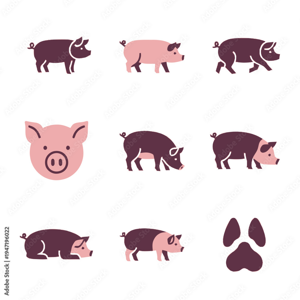 Obraz premium Pink and Dark Brown Pig Vector Icons Set. Flat Design Farm Animal Illustrations in Various Poses and a Hoof Print.