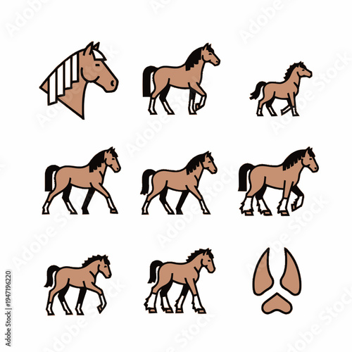 Flat design horse icon set featuring light brown horses in various poses, a headshot, and a hoof print, isolated on white background.