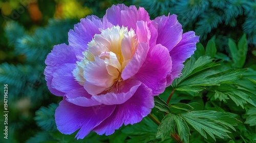 Vivid purple and cream colored blossom displays its delicate petals surrounded by rich green foliage