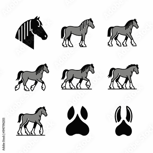 Greyscale horse icon set featuring heavy draft horses in various poses, a head profile, and stylized hoof prints, isolated vector illustrations.