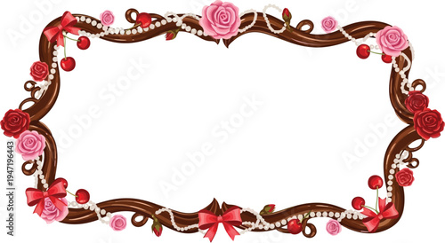 A beautiful chocolate frame adorned with pink roses, red bows, and pearls on a white background.