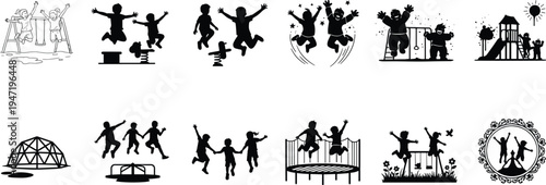 Children playing on playground silhouettes collection with kids jumping, swinging and running activities, joyful childhood outdoor games isolated on white background