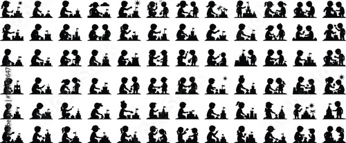 Children playing with sandcastle silhouettes collection featuring kids building sand castles, beach play activities, summer childhood fun scenes isolated black silhouette icon set