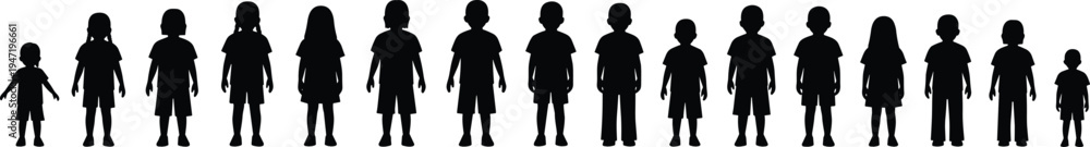 Φωτογραφία Children silhouettes collection showing boys and girls standing in different age