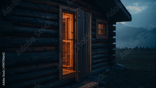 Rustic wooden cabin with open door glowing warm interior light stands in a quiet mountain landscape at dusk with misty hills and darkening sky creating a calm remote atmosphere