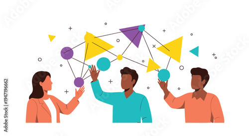 Set of 3 people connecting with colorful geometric network elements vector