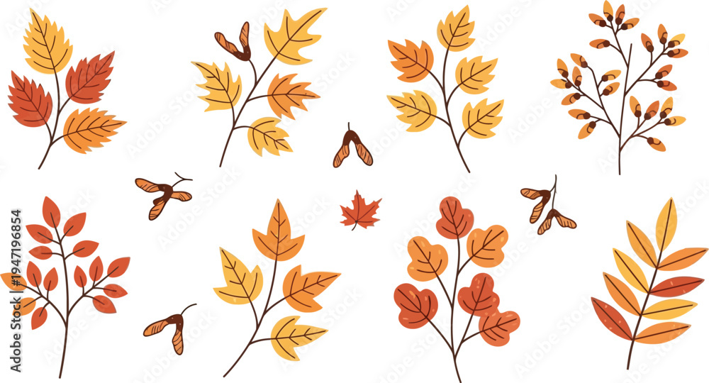 Fototapeta premium A collection of vibrant autumn leaves and branches on a white background