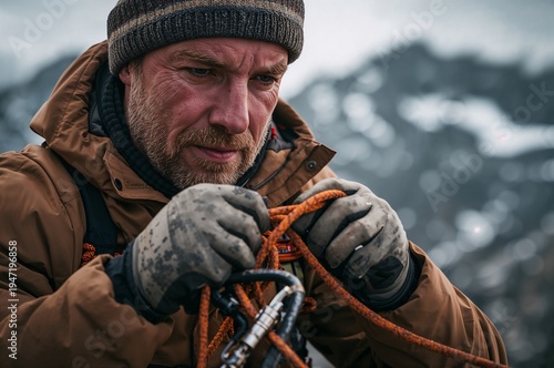 Close up of a focused mountaineer wearing gloves and winter gear carefully tying a rope into a carabiner against a rugged snowy mountain backdrop showing climbing preparation and safety