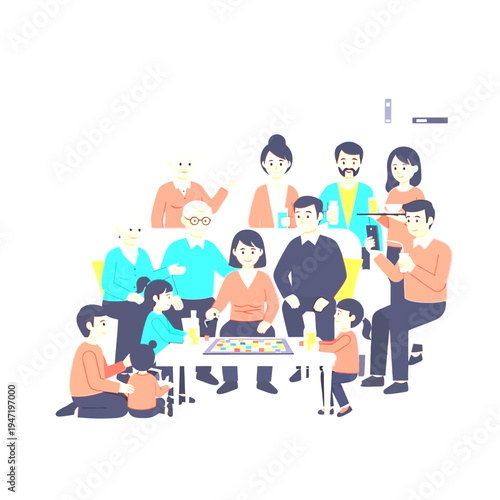 Multi-generational family playing board game, having fun at home. Group illustration of diverse people enjoying leisure time, togetherness.