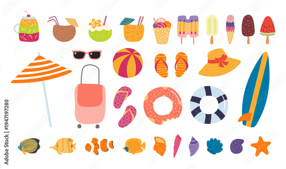 Obraz premium Beach, summer holidays, tropical resort illustration isolated set. Ice cream, drink, pool float, surfboard, umbrella, fish, seashell. Flat design element, clip art collection hand drawn vector