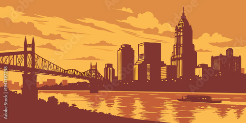 USA, US, U.S, United States - Cincinnati Skyline at Sunset – Panoramic Ohio River Reflections, Dramatic Downtown Architecture, and Vibrant Queen City Atmosphere in the United States