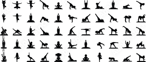"Children yoga silhouettes collection featuring standing, seated, and inverted poses with flexibility and balance, ideal for wellness, fitness, education, lifestyle, and design projects"