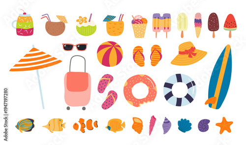 Beach, summer holidays, tropical resort illustration isolated set. Ice cream, drink, pool float, surfboard, umbrella, fish, seashell. Flat design element, clip art collection hand drawn vector