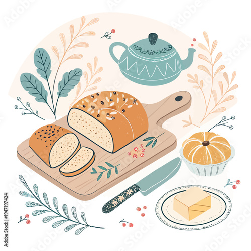 Cozy Breakfast Scene with Freshly Baked Artisan Bread, Sliced on a Wooden Board, Accompanied by Butter, a Teapot, and a Delicious Pastry Amidst Botanical Elements